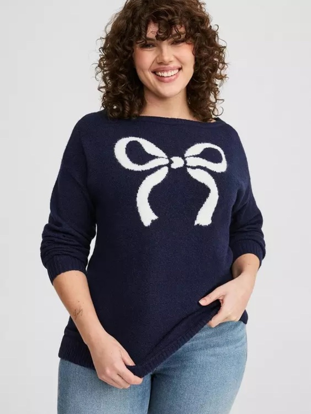 torrid Navy Boat neck Vegan Cashmere Sweater with White Bow Design